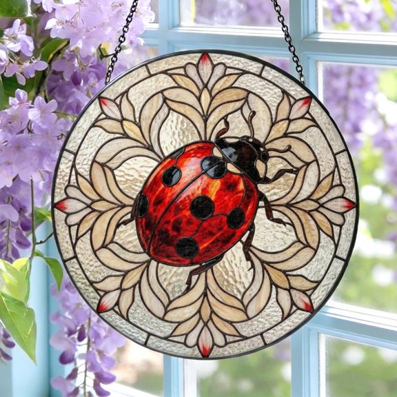 Ladybug Stained Glass Suncatcher: Ladybug Window Hanging, Colorful Garden Decor