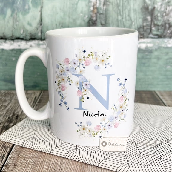 Personalised Name and initial Blue Pink Floral design Ceramic Mug - Tea mug - coffee Mug - Gift mug Friend Birthday gift Mum sister auntie