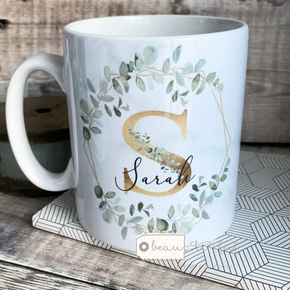 Personalised Name and initial Geometric greenery Mug