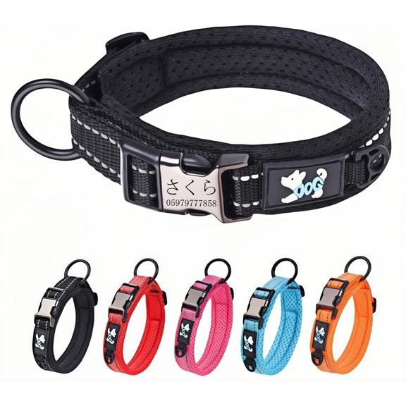 Personalised Nylon Dog & Cat Collar Custom Engraved Name Adjustable Reflective 20M Strips Breathable & Lightweight Soft Pet Collar for Small Medium Large Dogs Fashionable Pet Supplies