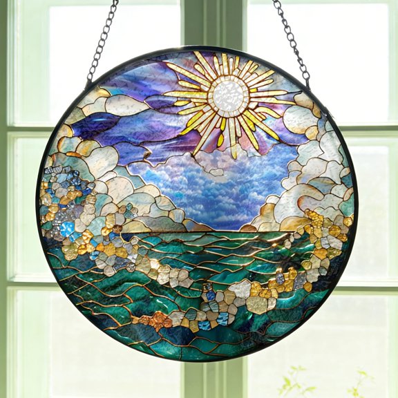 Personalised Ocean Wave Window Suncatcher Stained Glass Summer Wave Sunrise Cloud Sun Catcher Coastal Beach Home Decor Natural Birthday Gift