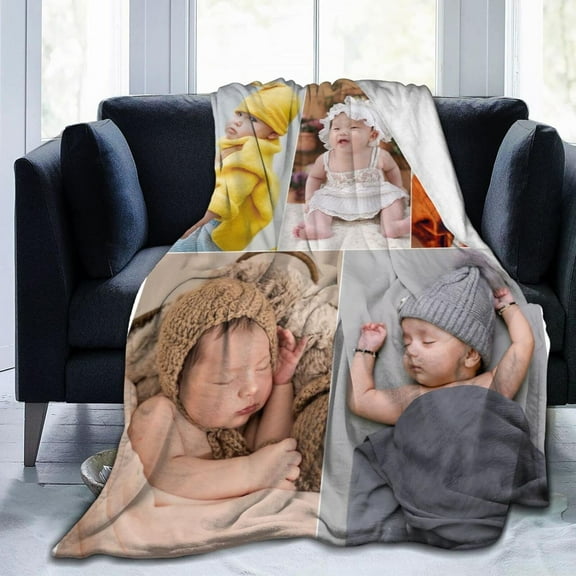 Personalised Photo Blanket Customized Throw Blankets with Picture Names Text for Lovers Family Birthday Gifts for Adults Baby Boys Girls Pet 2 Collage Images,60x50 inch (150x125cm)