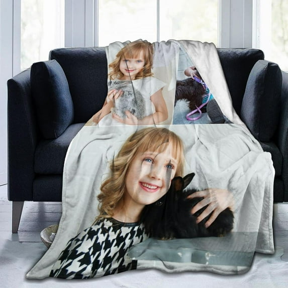 Personalised Photo Blanket Customized Throw Blankets with Picture Names Text for Lovers Family Birthday Gifts for Adults Baby Boys Girls Pet 2 Collage Images,60x50 inch (150x125cm)