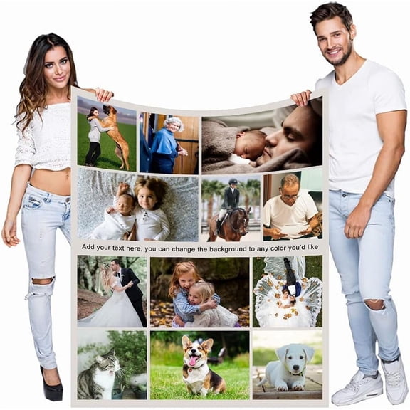Personalised Photo Fleece Blanket Customized Throw with Picture Birthday Wedding Gift for Adult Baby Pet (12 photos, 32”x48” (80x120cm))