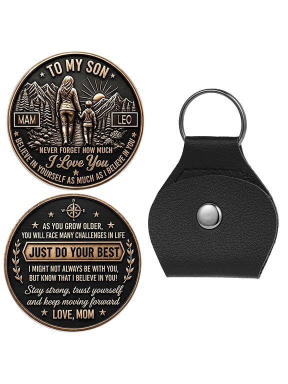 Personalised To My Son Pocket Hug Coin Keychain from Dad, Engraved Stainless Steel Token with PU Leather Carrier