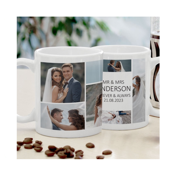 Personalised Wedding Photo Collage Mug for Mr & Mrs Custom Photo, name and Date Mug