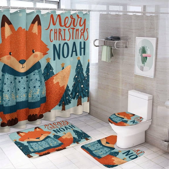 Personalised Winter Fox 4 Piece Bathroom Rug Set with Shower Curtain Bathroom Sets with Shower Curtain And Rugs 4 Piece Custom Girl's Name Waterproof Personality Pattern Bath Curtain