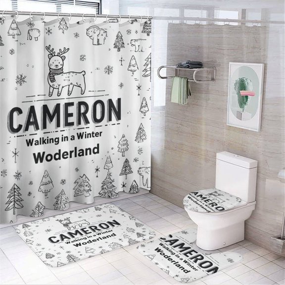 Personalised Winter Scene 4 Piece Decor Shower Curtains Sets Bathroom Decor Set with Non-Slip Rugs Toilet Lid Cover And Bath Mat Baby First Christmas Durable And Waterproof for Bathroom Decor
