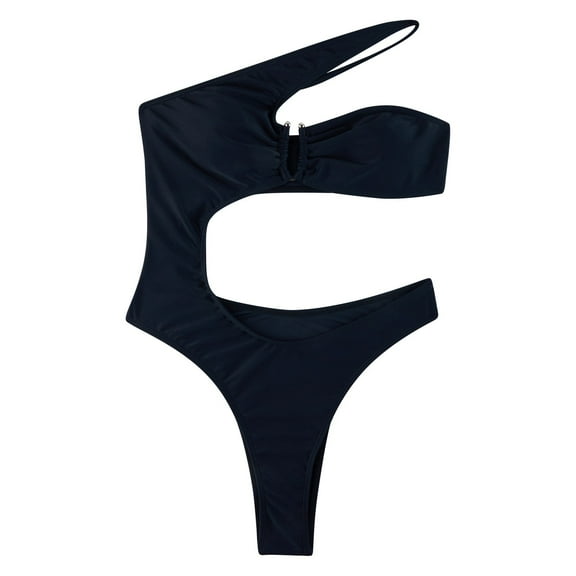Personality Comfortable Solid Color One Shoulder Swimsuit Black One Piece Swimsuit Women