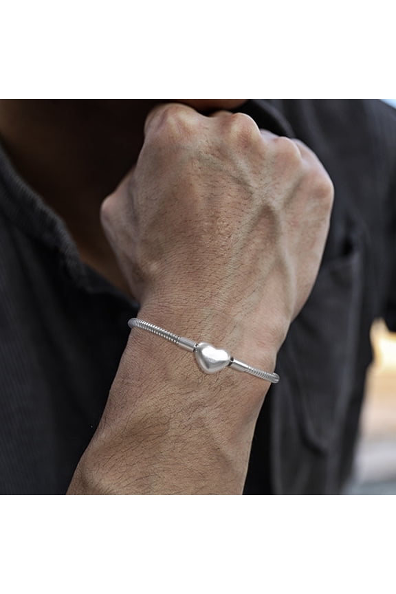 Personality Heart Clasp Bracelets for Men, 3mm Silver Color 14K White Gold Round Snake Chain Bracelets, Love Gift