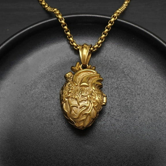 Personality Punk Quality 14K Yellow Gold Anatomical Heart Pendant Necklace for Men Creative Jewelry