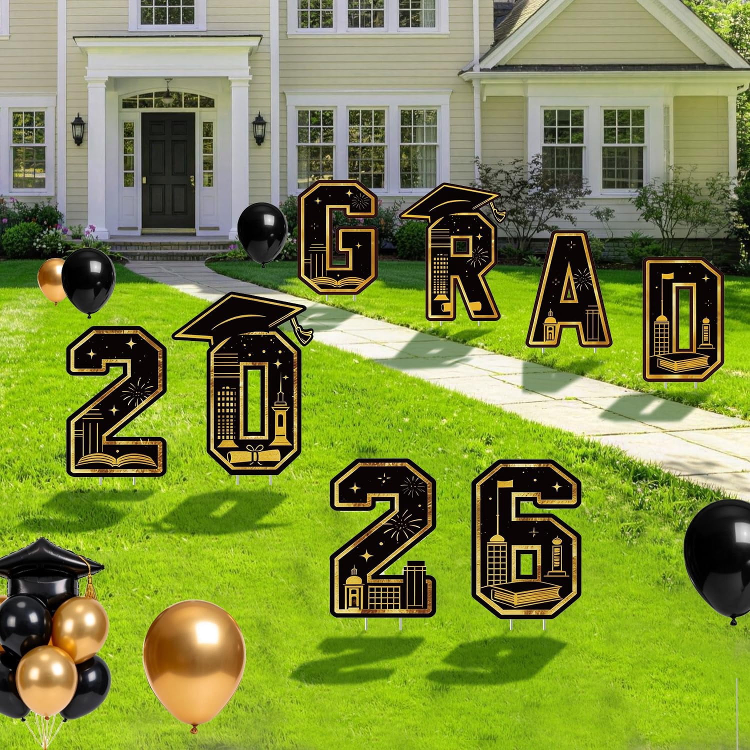 Graduation Yard Signs Class of 2026, 10 PCS Black and Gold Yard ...