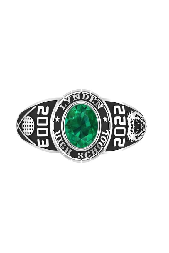 Personalizable Green Oval Cut Customized High School Name, Logo, Year, Inside Engraving Personalized Senior Gift Ring For Men And Women 925 Sterling Silver
