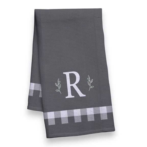 Personalization Mall Black & White Plaid Waffle Weave Kitchen Towel, R