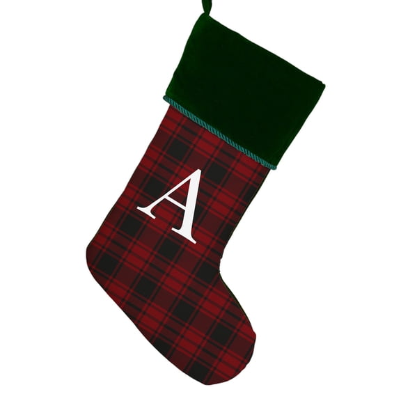 Personalization Mall Christmas Plaid Initial Christmas Stocking, Green Cuff