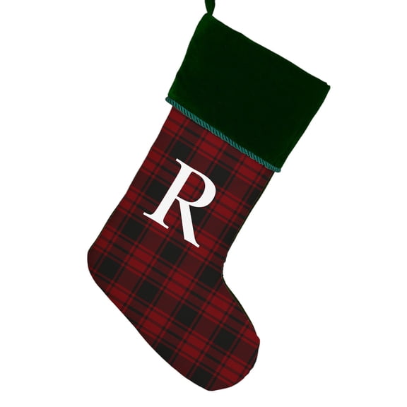 Personalization Mall Christmas Plaid Initial Christmas Stocking, Green Cuff