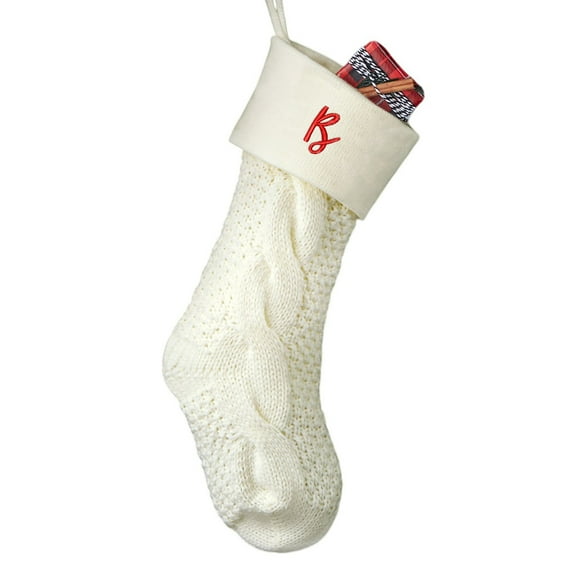 Personalization Mall Cozy Cable Knit Embroidered Initial Stocking, Ivory