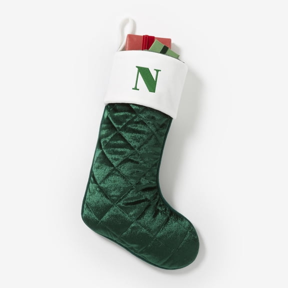 Personalization Mall Cozy Quilt Christmas Embroidered Stocking, Green, N