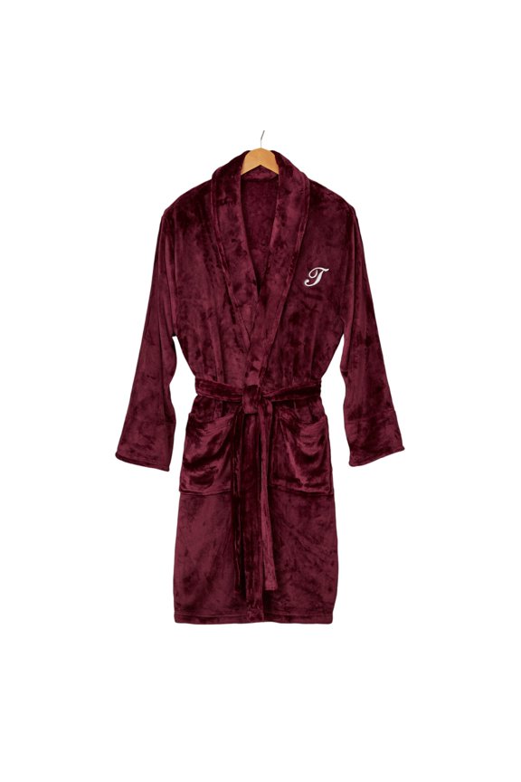 Embroidered Classic Comfort Luxury Fleece Robe, Maroon, T