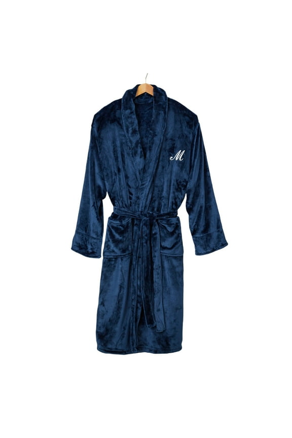 Embroidered Classic Comfort Luxury Fleece Robe, Navy, M