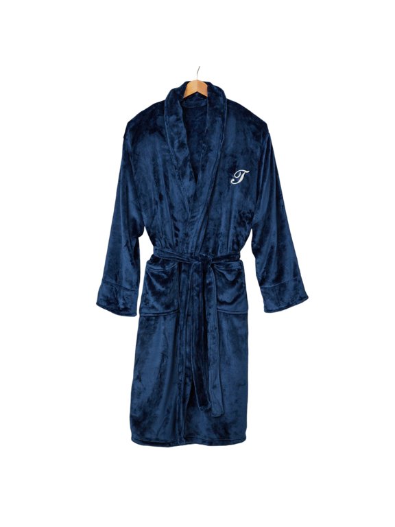 Embroidered Classic Comfort Luxury Fleece Robe, Navy, T