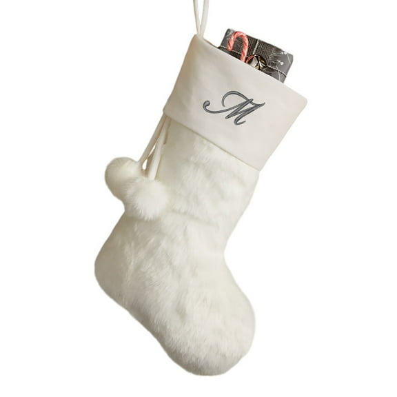 Personalization Mall Embroidered Initial Faux Fur Christmas Stocking, Ivory