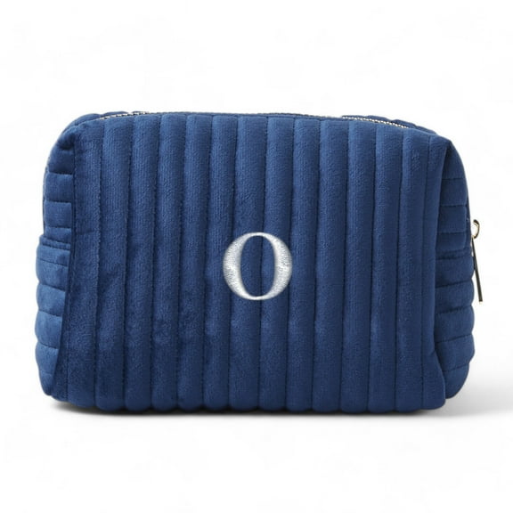 Personalization Mall Embroidered Initial Small Navy Velvet Makeup Bag