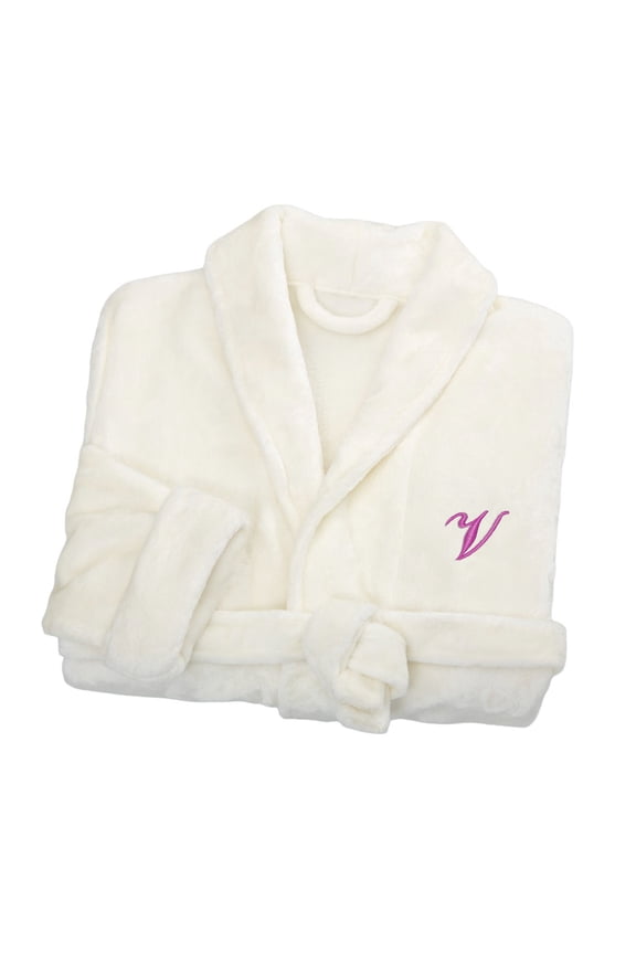 Embroidered Short Fleece Robe - White
