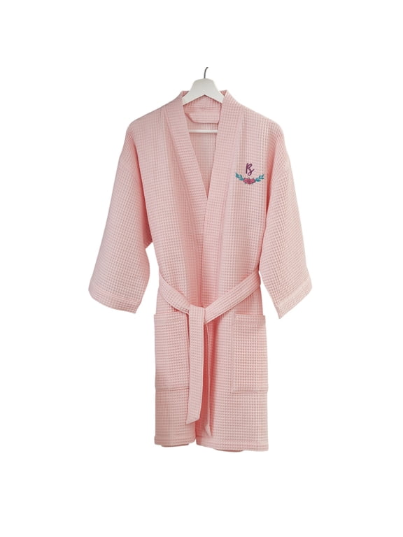 Floral Initial Waffle Weave Robe, Blush