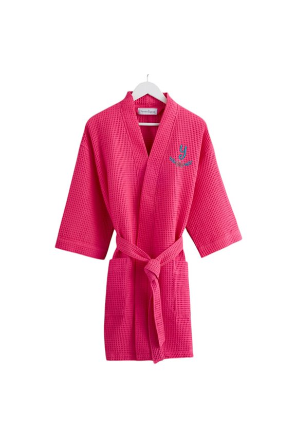 Floral Initial Waffle Weave Robe, Pink