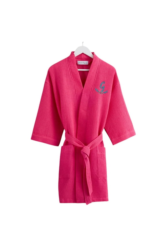 Floral Initial Waffle Weave Robe, Pink