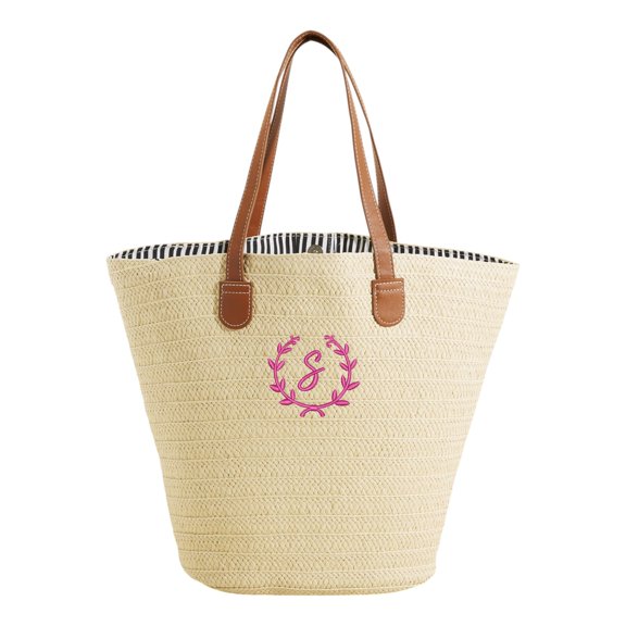 Personalization Mall Floral Wreath Embroidered Initial Straw Beach Bag - S
