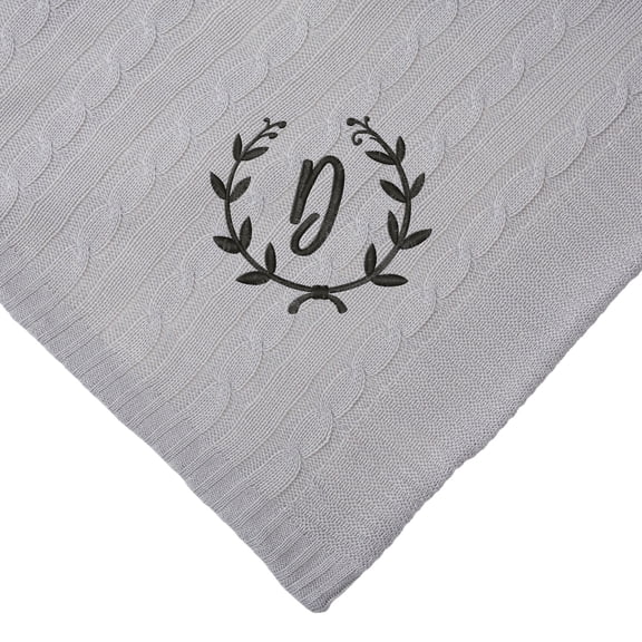 Personalization Mall Floral Wreath Initial Cable Knit Throw Blanket, Grey, 50"x60"
