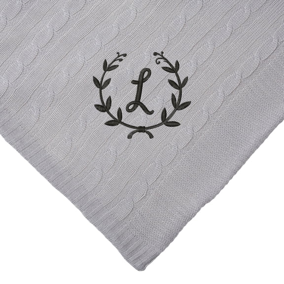 Personalization Mall Floral Wreath Initial Cable Knit Throw Blanket, Grey, 50"x60"