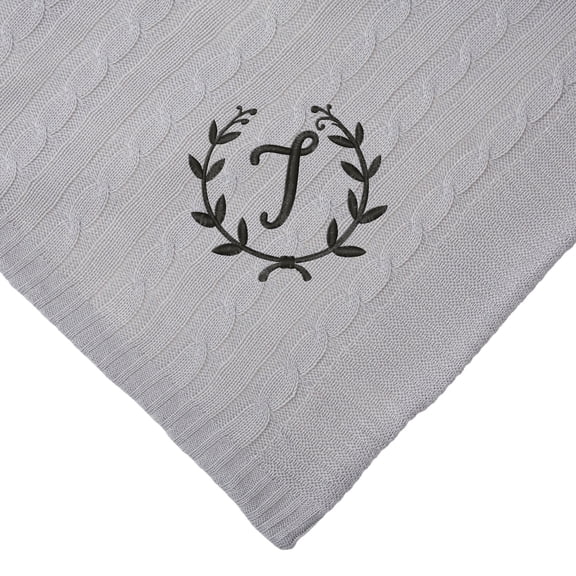 Personalization Mall Floral Wreath Initial Cable Knit Throw Blanket, Grey, 50"x60"