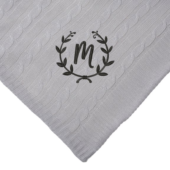 Personalization Mall Floral Wreath Initial Cable Knit Throw Blanket, Grey, 50"x60"