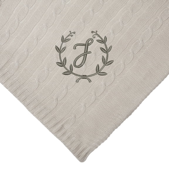 Personalization Mall Floral Wreath Initial Cable Knit Throw Blanket , Tan, 50"x60"