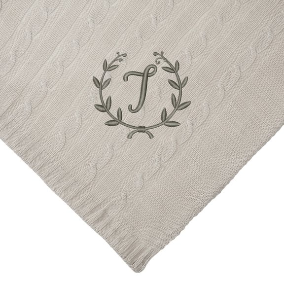 Personalization Mall Floral Wreath Initial Cable Knit Throw Blanket , Tan, 50"x60"