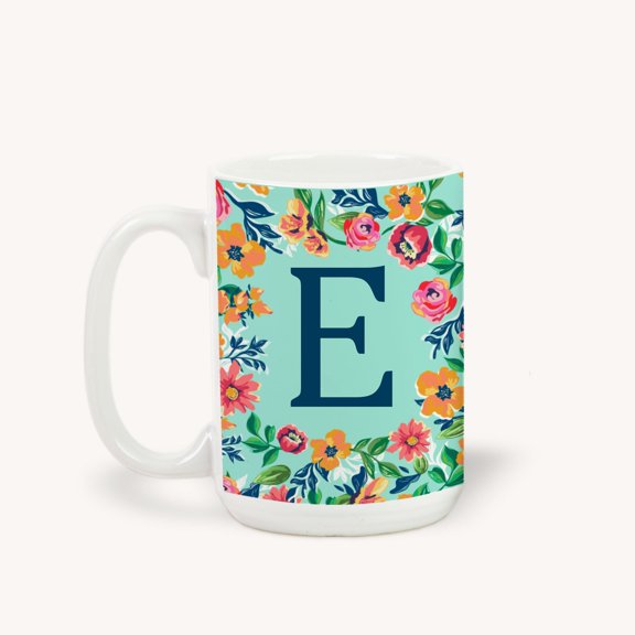 Personalization Mall Flowery Initial Coffee Mug, 15 Oz., Blue Aqua, E