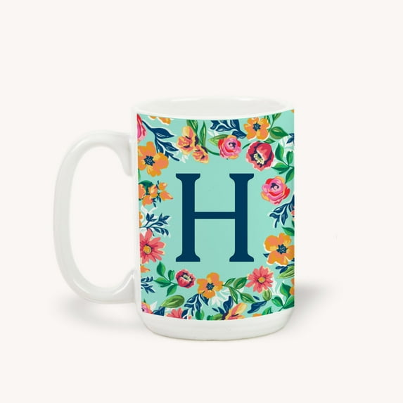 Personalization Mall Flowery Initial Coffee Mug, 15 Oz., Blue Aqua, H