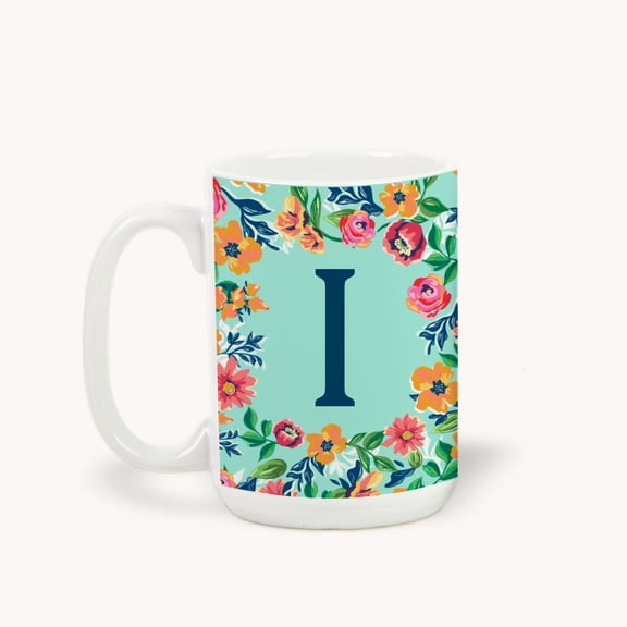 Personalization Mall Flowery Initial Coffee Mug, 15 Oz., Blue Aqua, I
