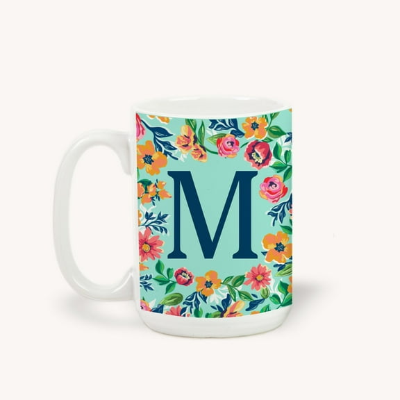 Personalization Mall Flowery Initial Coffee Mug, 15 Oz., Blue Aqua, M