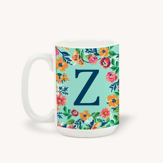 Personalization Mall Flowery Initial Coffee Mug, 15 Oz., Blue Aqua, Z