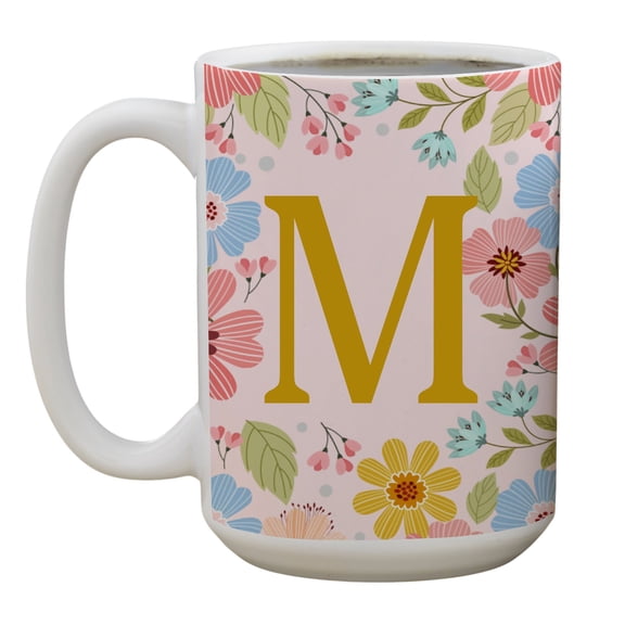 Personalization Mall Flowery Initial Coffee Mug, Gold and Pink