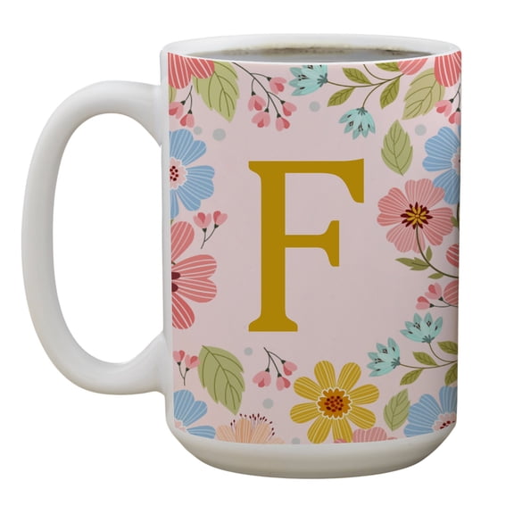 Personalization Mall Flowery Initial Coffee Mug, Gold and Pink