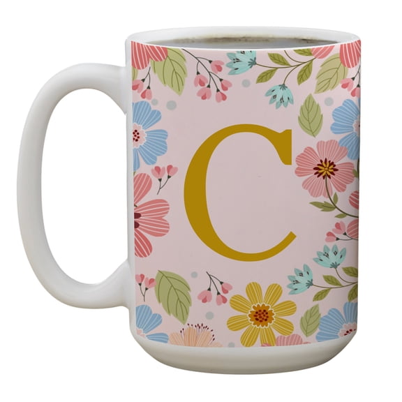 Personalization Mall Flowery Initial Coffee Mug, Gold and Pink