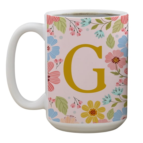 Personalization Mall Flowery Initial Coffee Mug, Gold and Pink