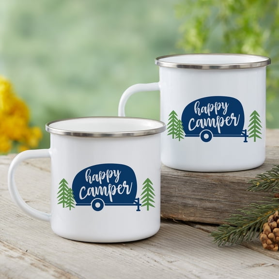 Personalization Mall Happy Camper Enamel Camping Mug, 12 Oz.