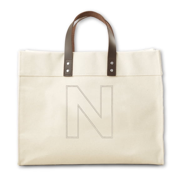 Personalization Mall Initial Statement Embroidered Canvas Tote Bag with Leather Handles - N