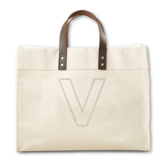 Personalization Mall Initial Statement Embroidered Canvas Tote Bag with Leather Handles - V